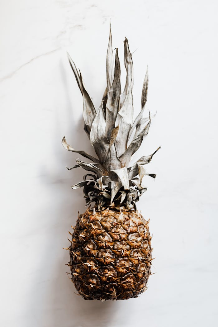 services-04 A single pineapple placed on a white marble background, captured from above in natural light.